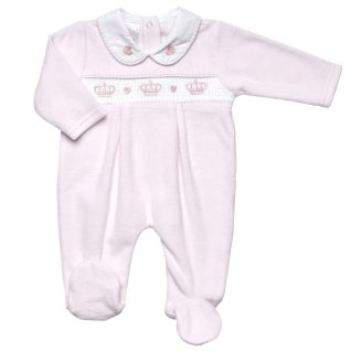 Pink “Crown” Smocked Velour All In One