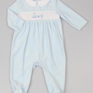 Blue Smocked "Train" Velour All In One