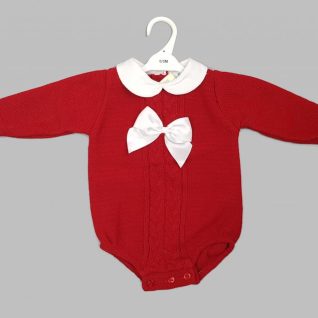 Red Bow And Lace Knitted Romper