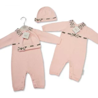 Pink Knitted Cotton Romper With Hat