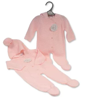 Pink Knitted All in One Pramsuit with Hood