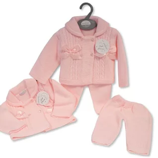 Pink Knitted 2 Piece Pram Set with Bows