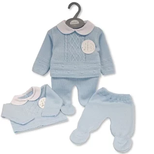 Blue Knitted 2 Piece Pram Set With Collar