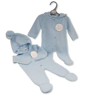 Blue Knitted All In One Pramsuit with Hood