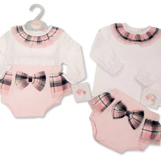 Girls Pink 2 Piece Skirt Set With Lace And Bows