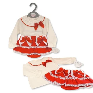 Girls Red 2 Piece Skirt Set With Lace And Bows