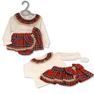 Girls 2 Piece Tartan Skirt Set with Lace And Bow