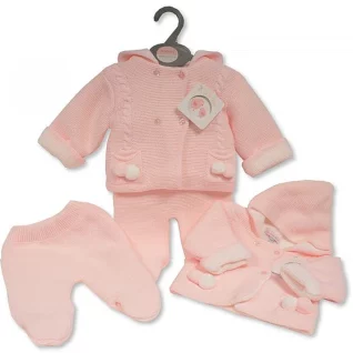 Pink Knitted 2 Piece Pram Set with Hood