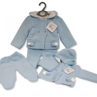 Blue Knitted 2 Piece Pram Set with Hood