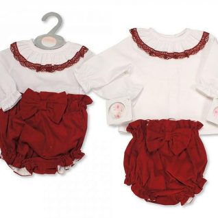 Wine Lace And Bow Jam Pants Set